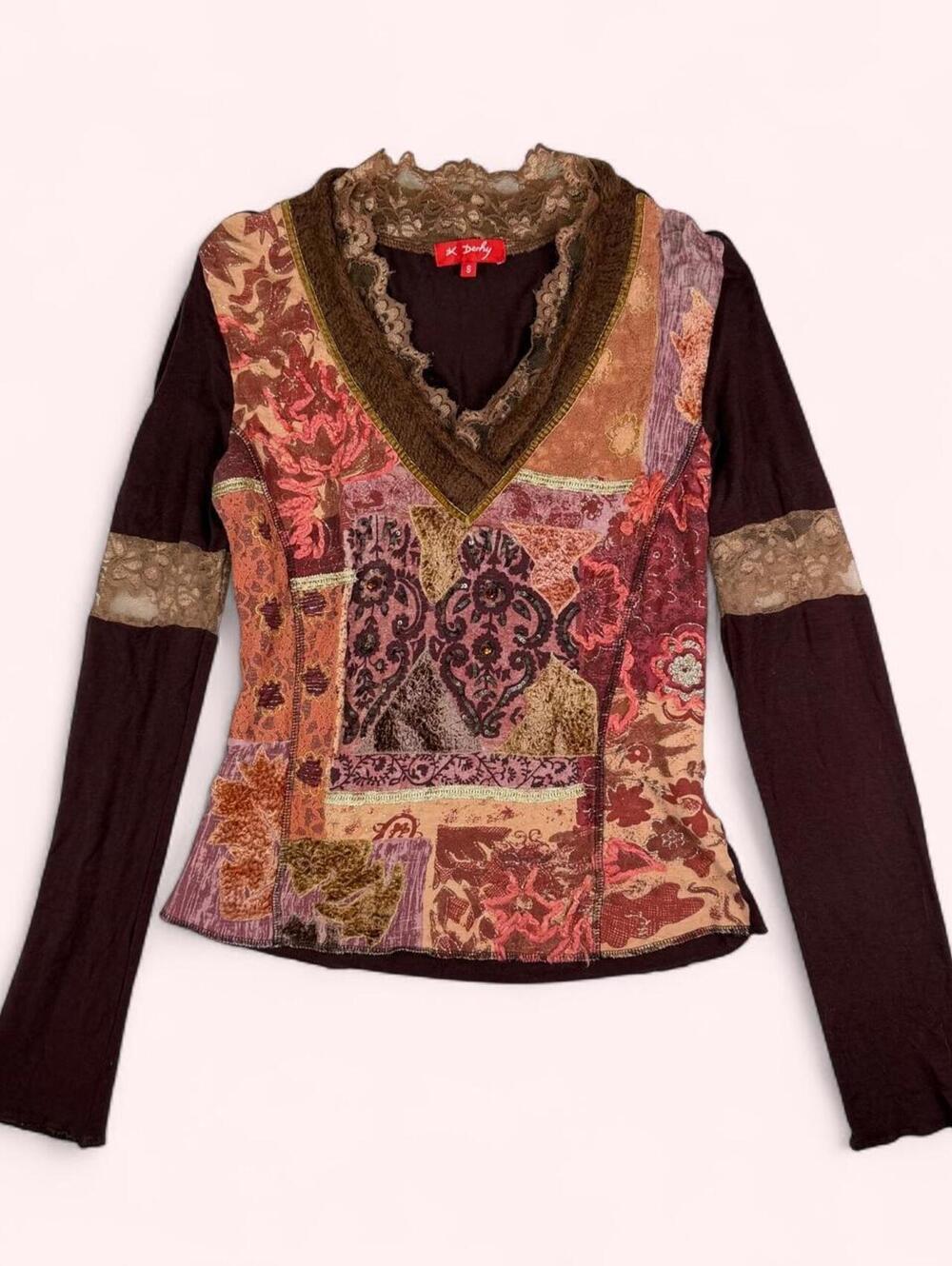 Derhy beaded patchwork long sleeve top with sheer lace panels on the sleeves